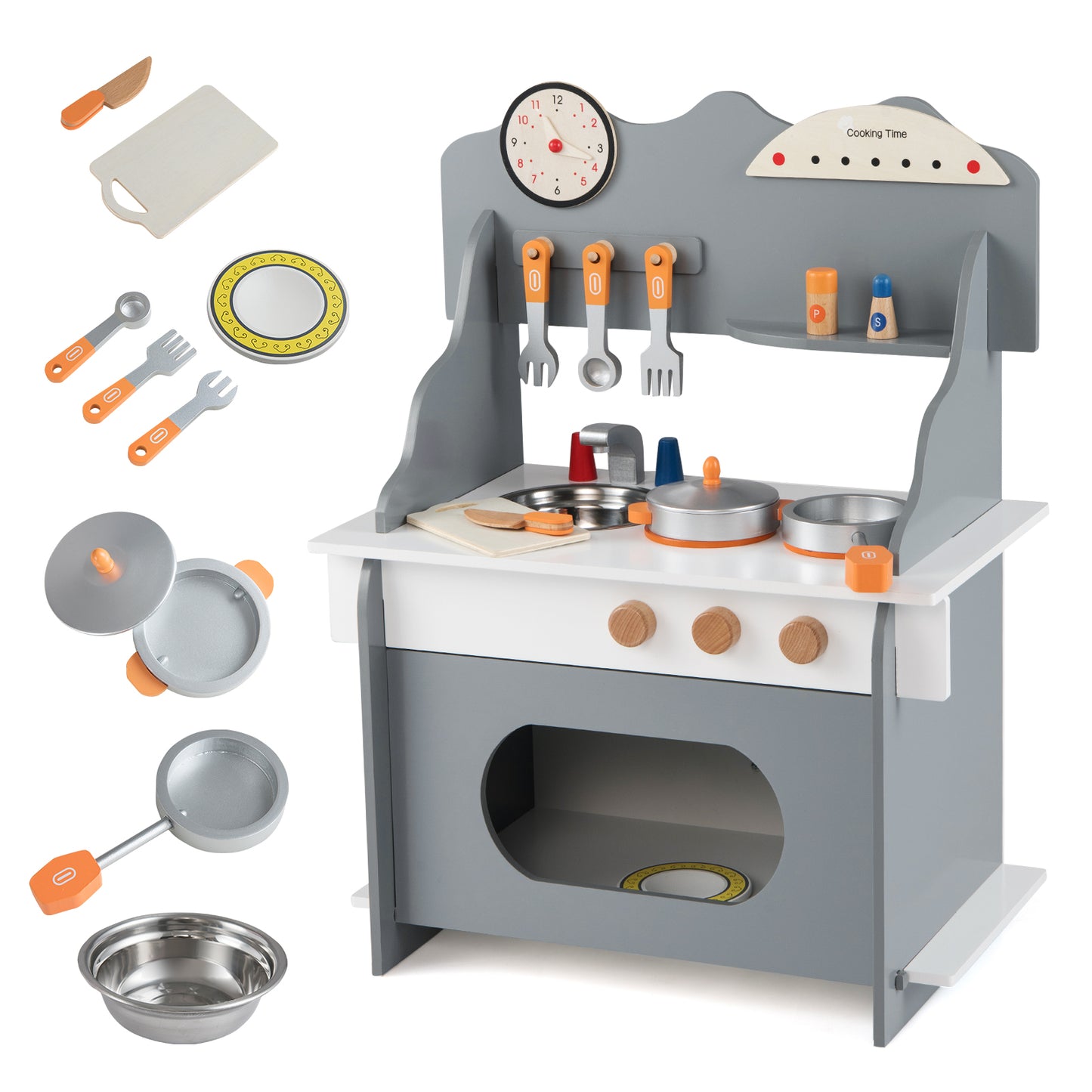 Wooden Play Kitchen for Kids Pretend Play Toy Kitchen Set with Clock Gift for Boys and Girls 3 +, Gray Play Kitchen Sets at Gallery Canada