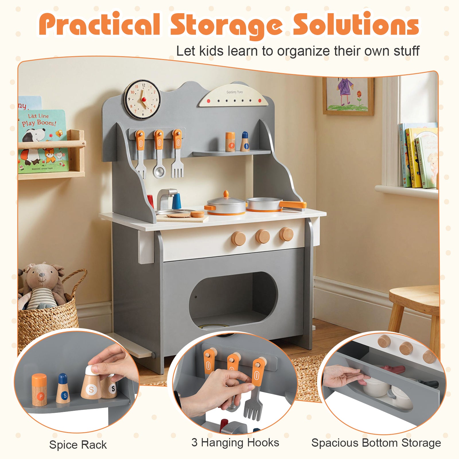 Wooden Play Kitchen for Kids Pretend Play Toy Kitchen Set with Clock Gift for Boys and Girls 3 +, Gray Play Kitchen Sets at Gallery Canada