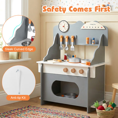 Wooden Play Kitchen for Kids Pretend Play Toy Kitchen Set with Clock Gift for Boys and Girls 3 +, Gray Play Kitchen Sets at Gallery Canada