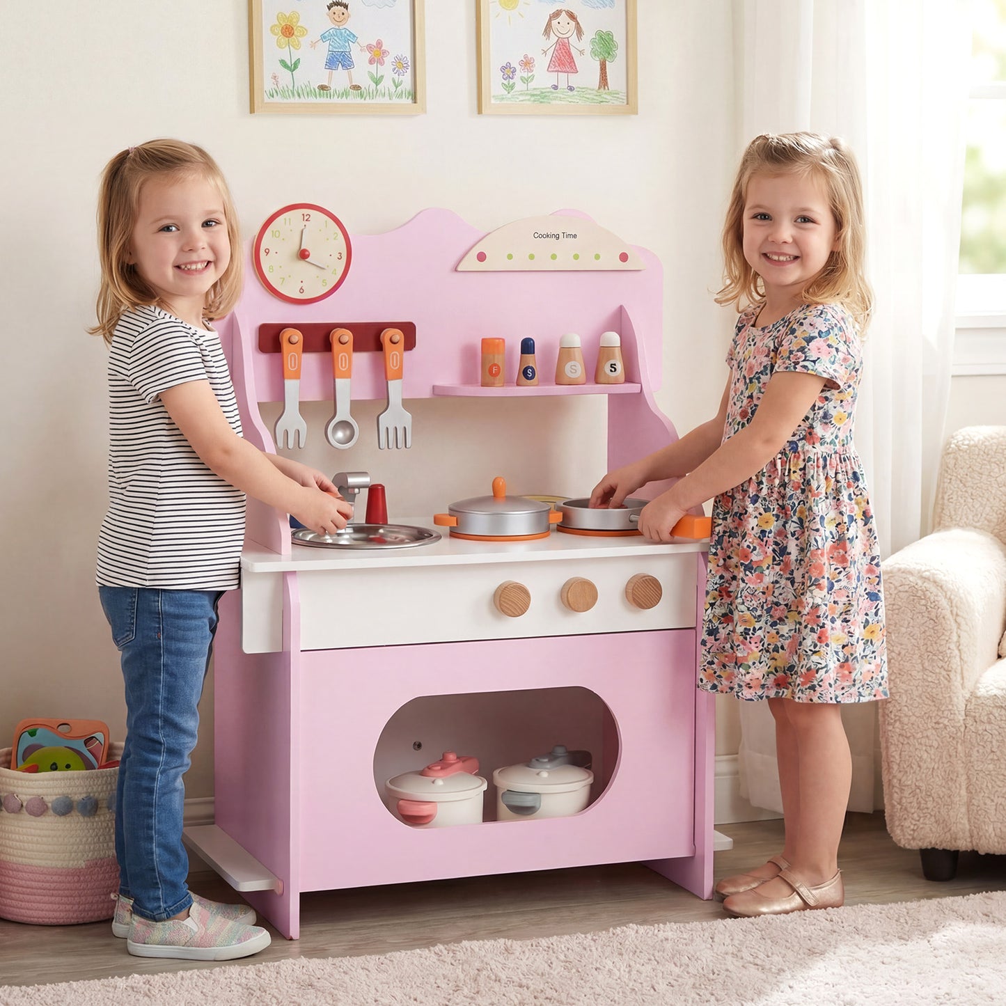 Wooden Play Kitchen for Kids Pretend Play Toy Kitchen Set with Clock Gift for Boys and Girls 3 +Pink, Pink Play Kitchen Sets at Gallery Canada