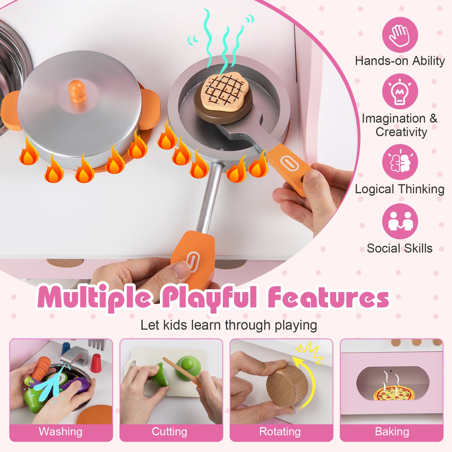 Wooden Play Kitchen for Kids Pretend Play Toy Kitchen Set with Clock Gift for Boys and Girls 3 +Pink, Pink Play Kitchen Sets at Gallery Canada