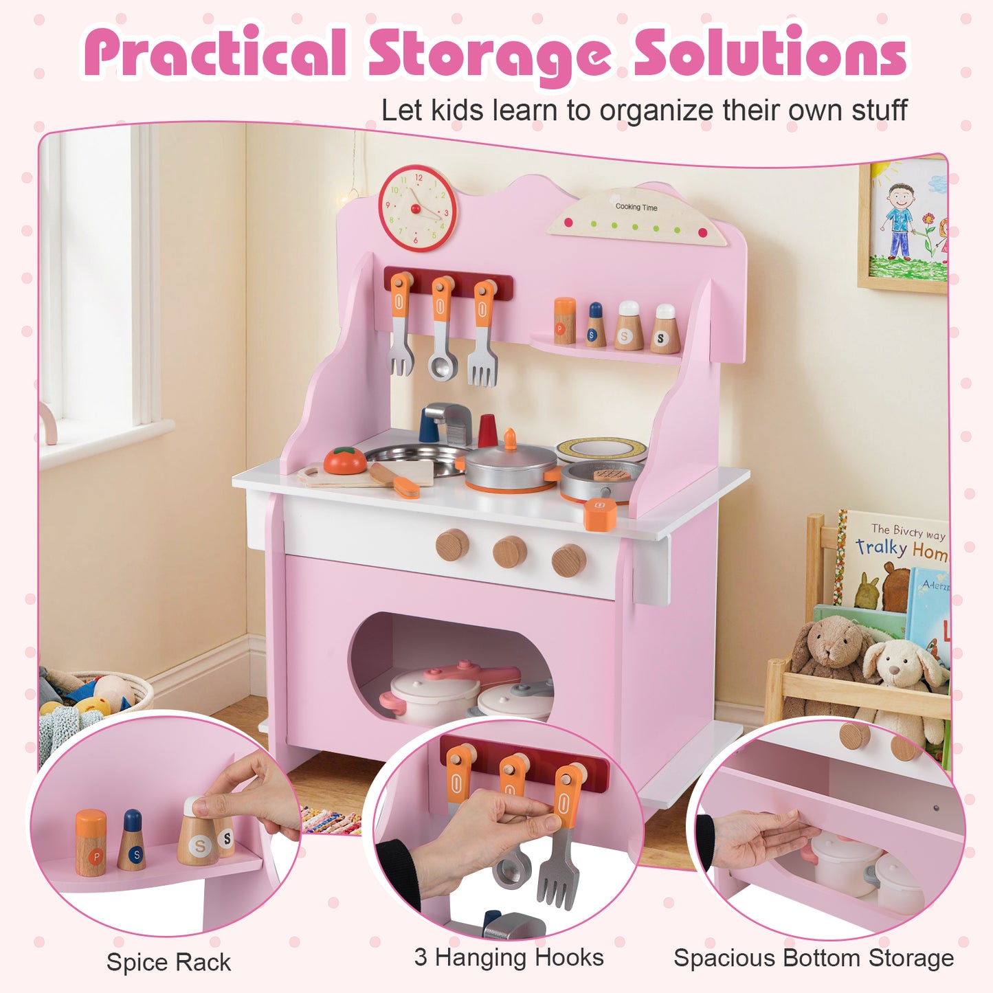 Wooden Play Kitchen for Kids Pretend Play Toy Kitchen Set with Clock Gift for Boys and Girls 3 +Pink, Pink Play Kitchen Sets at Gallery Canada