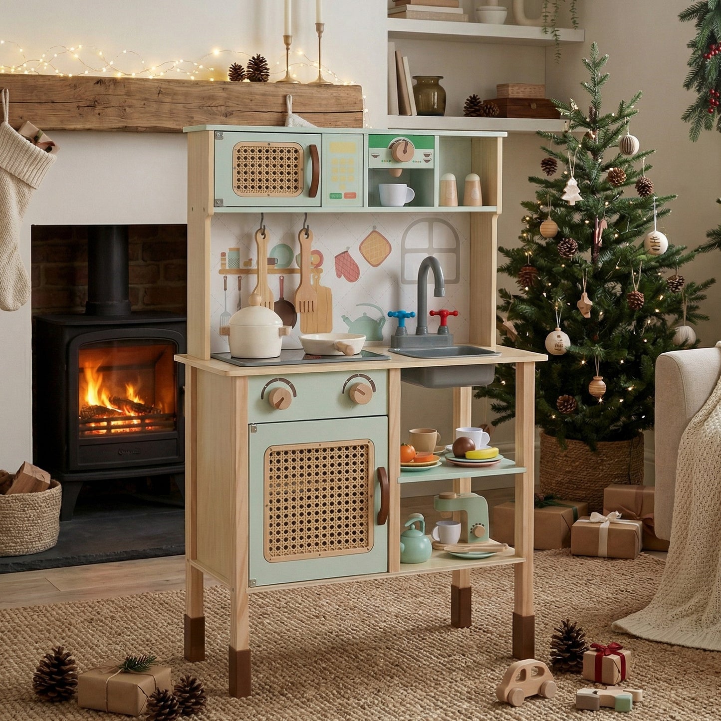 Wooden Play Kitchen for Kids with Lights and Sounds Retro Style With Accessories, Green