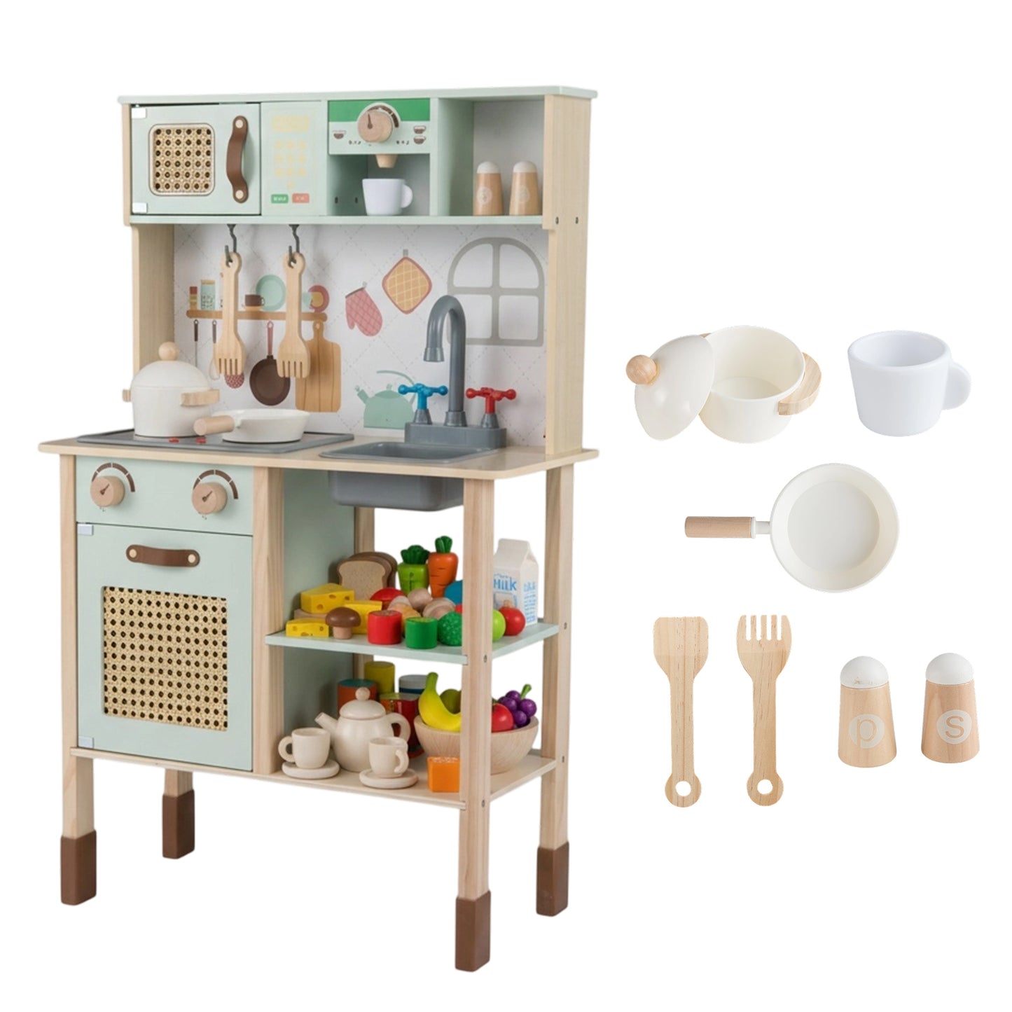 Wooden Play Kitchen for Kids with Lights and Sounds Retro Style With Accessories, Green
