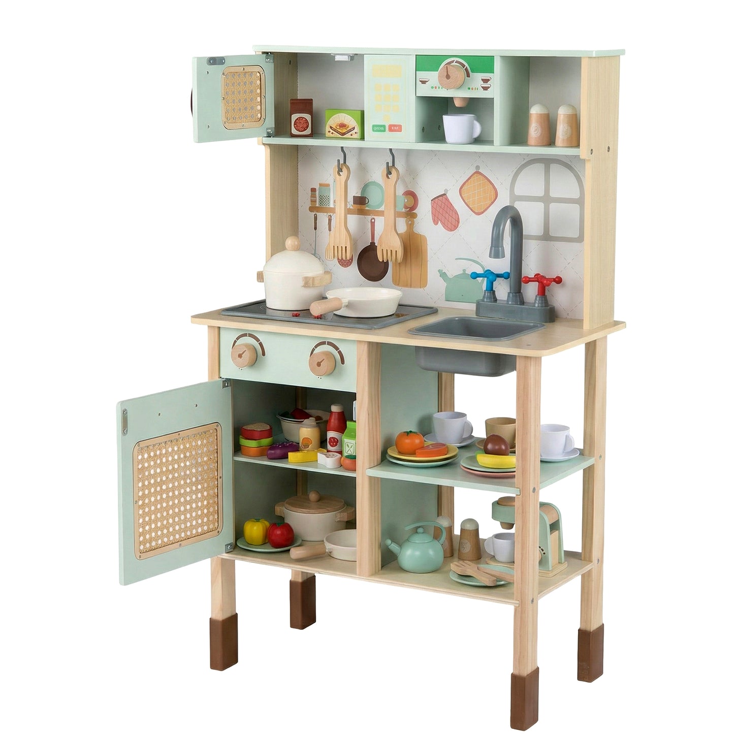 Wooden Play Kitchen for Kids with Lights and Sounds Retro Style With Accessories, Green