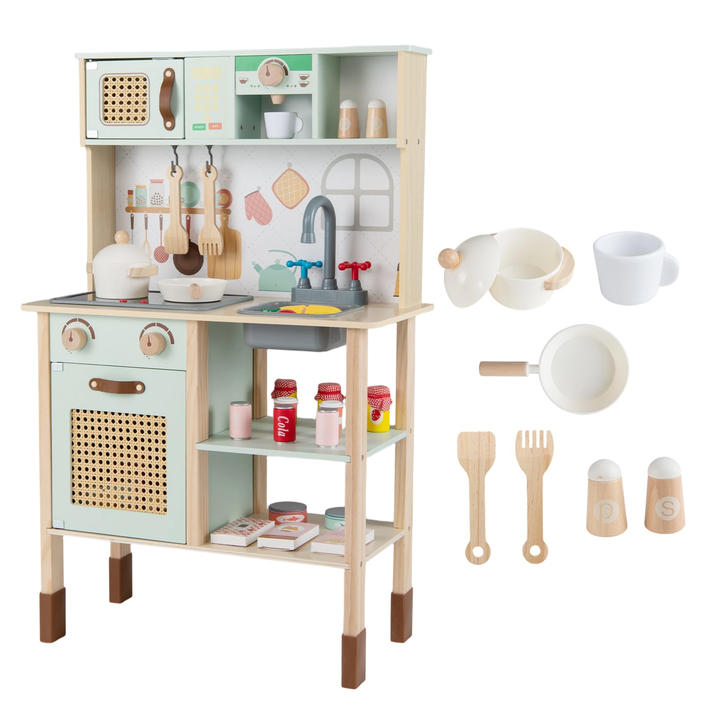 Wooden Play Kitchen for Kids with Lights and Sounds Retro Style With Accessories, Green Play Kitchen Sets Green at Gallery Canada