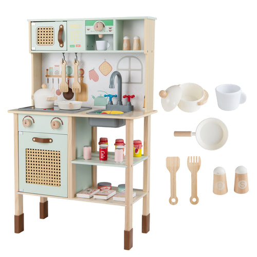 Wooden Play Kitchen for Kids with Lights and Sounds Retro Style With Accessories, Green