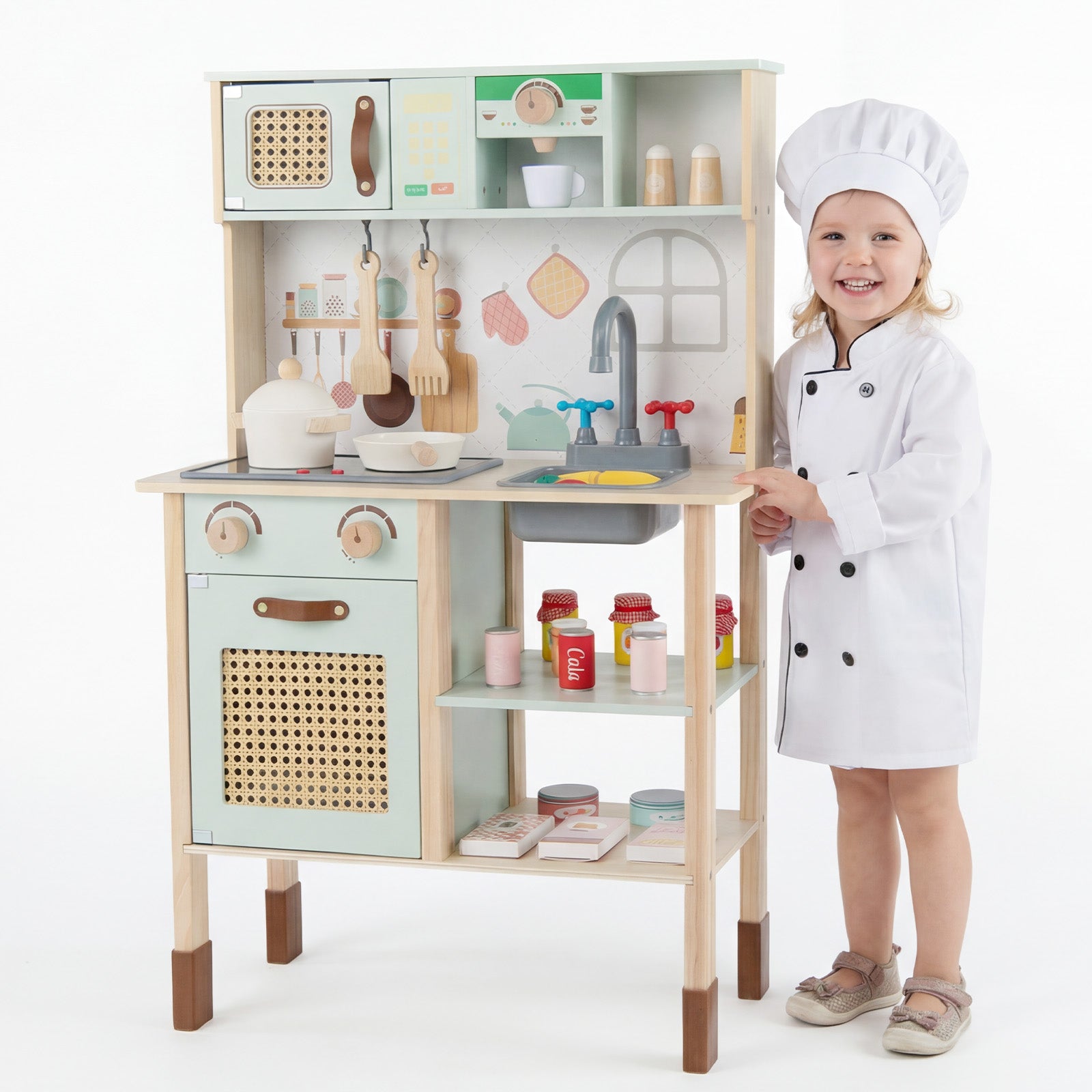 Wooden Play Kitchen for Kids with Lights and Sounds Retro Style With Accessories, Green Play Kitchen Sets at Gallery Canada