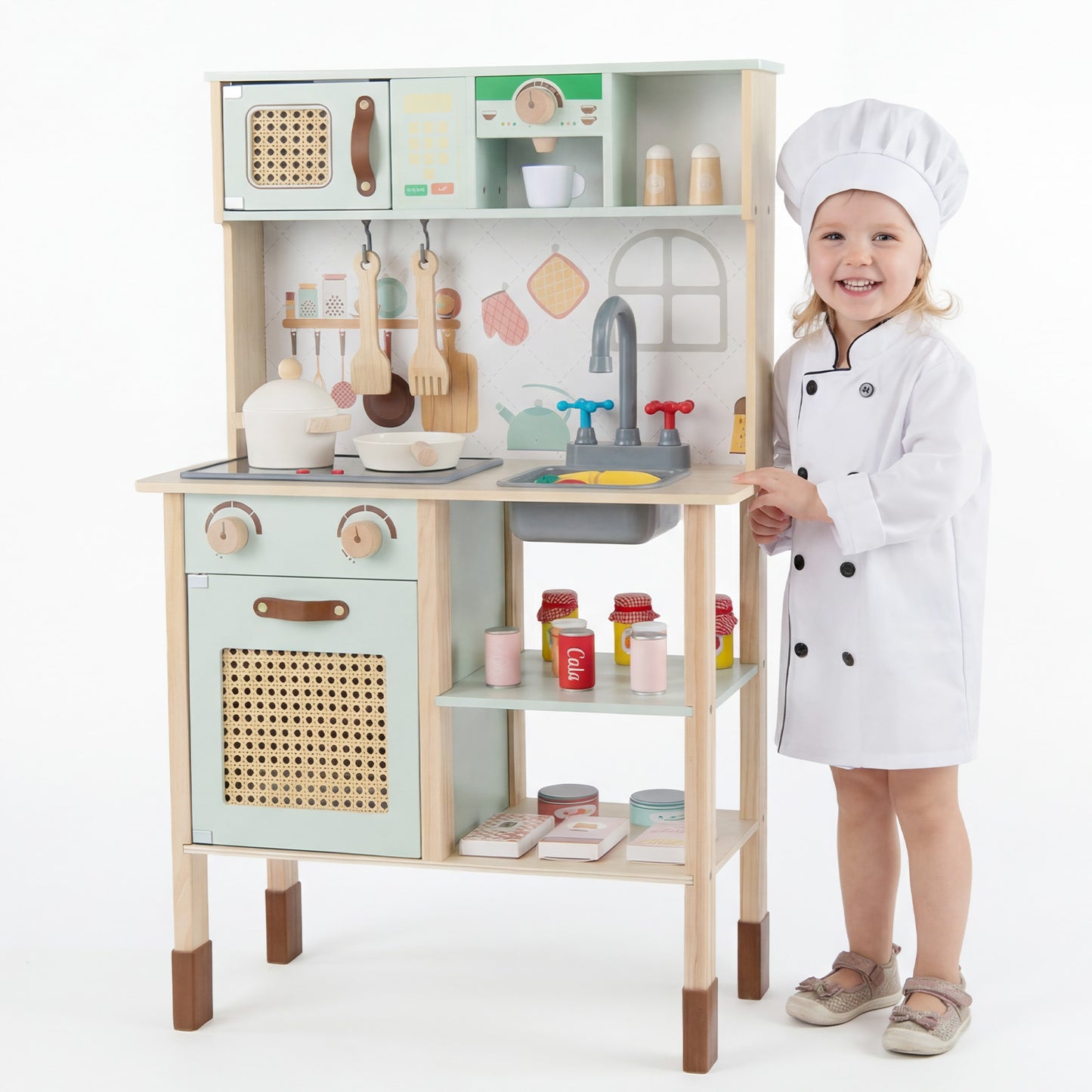 Wooden Play Kitchen for Kids with Lights and Sounds Retro Style With Accessories, Green Play Kitchen Sets at Gallery Canada