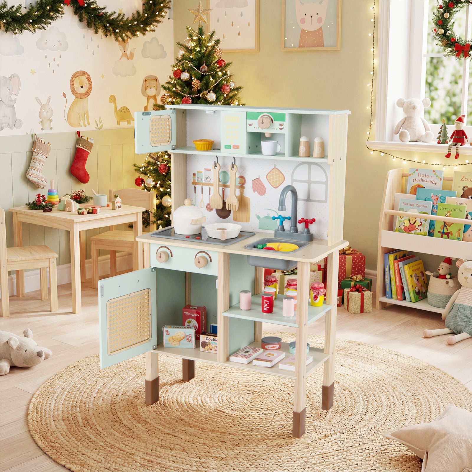 Wooden Play Kitchen for Kids with Lights and Sounds Retro Style With Accessories, Green Play Kitchen Sets at Gallery Canada