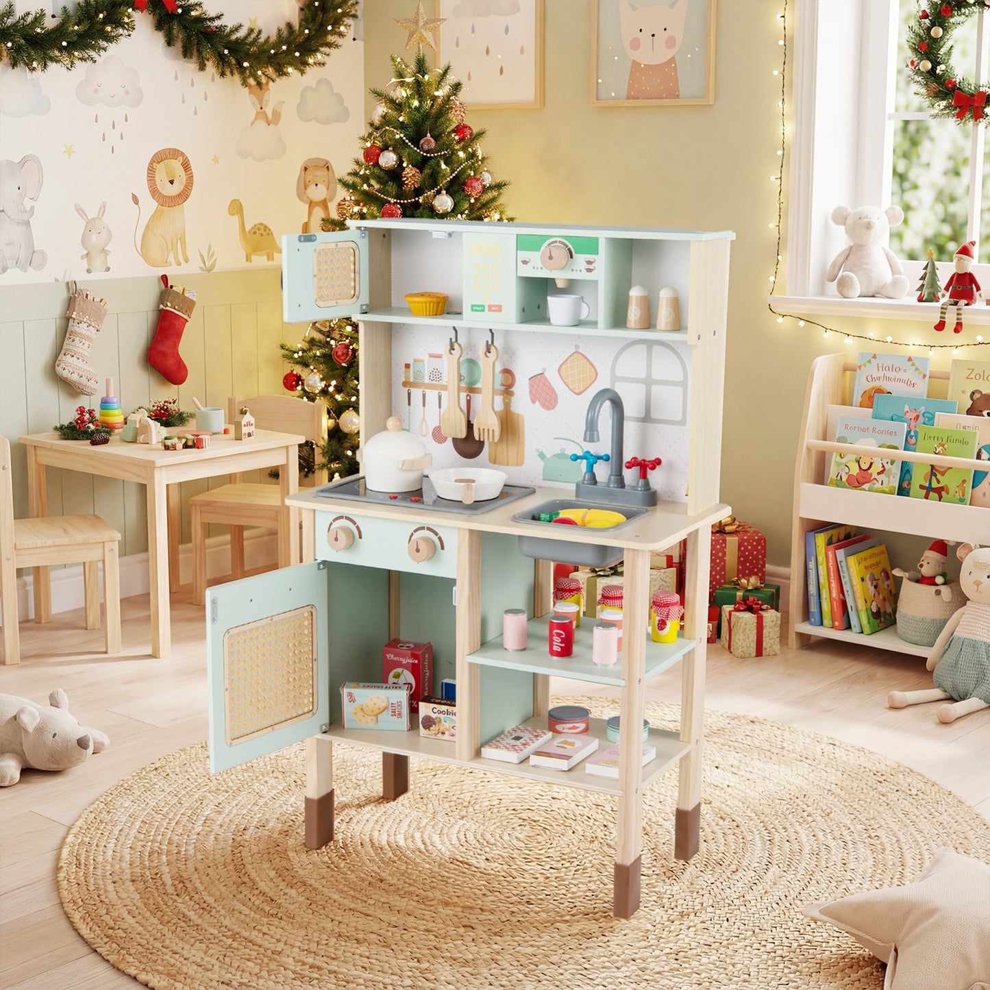 Wooden Play Kitchen for Kids with Lights and Sounds Retro Style With Accessories, Green Play Kitchen Sets at Gallery Canada