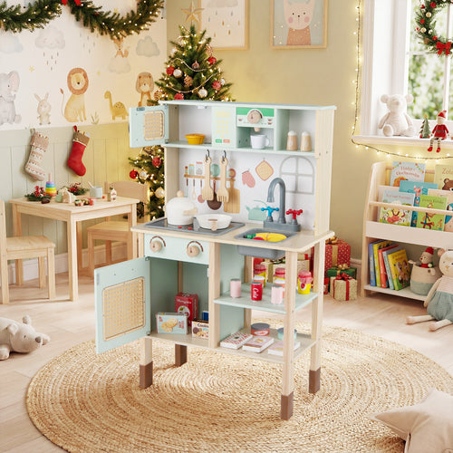 Wooden Play Kitchen for Kids with Lights and Sounds Retro Style With Accessories, Green