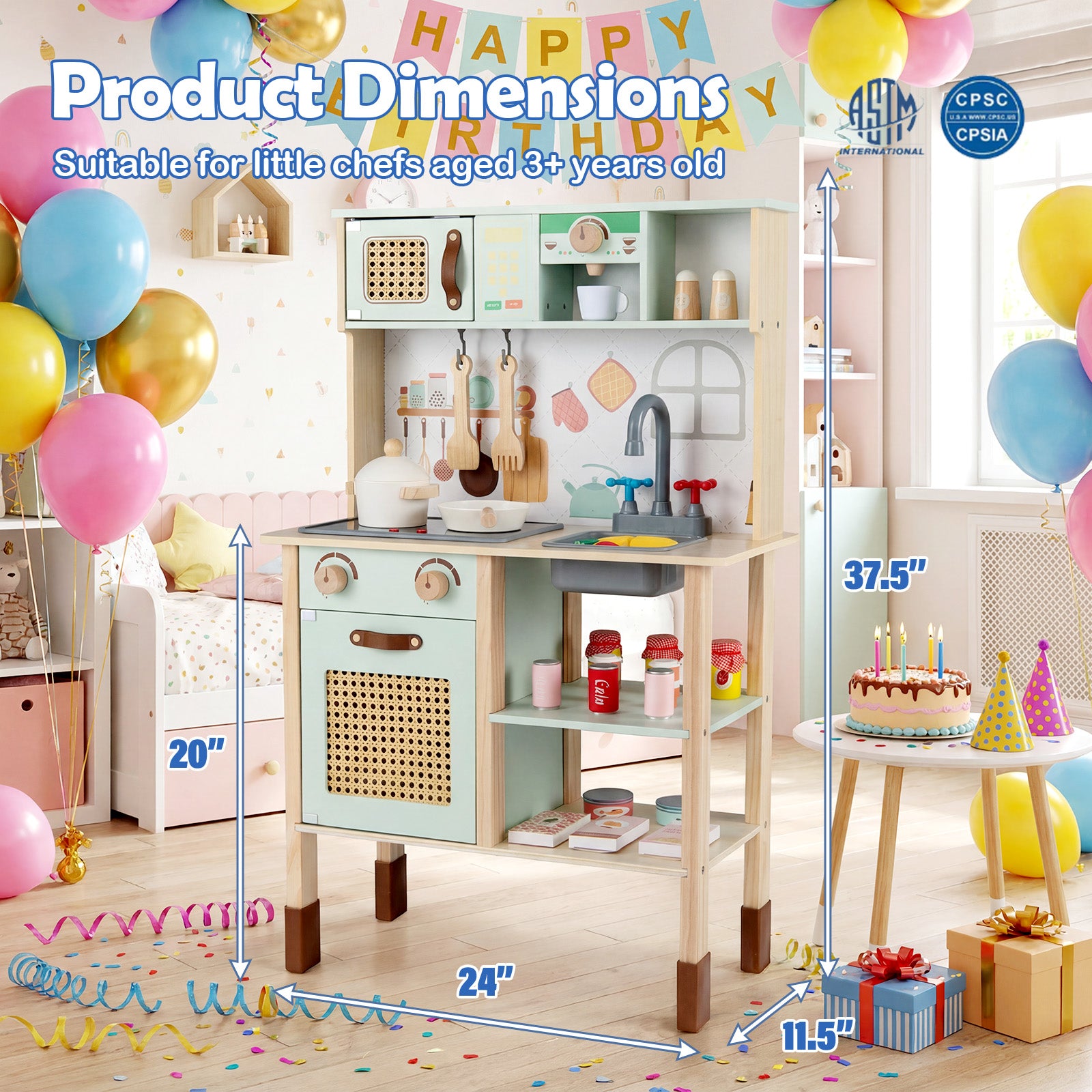 Wooden Play Kitchen for Kids with Lights and Sounds Retro Style With Accessories, Green Play Kitchen Sets at Gallery Canada