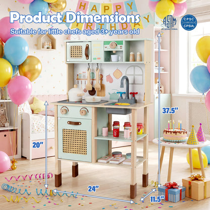 Wooden Play Kitchen for Kids with Lights and Sounds Retro Style With Accessories, Green Play Kitchen Sets at Gallery Canada