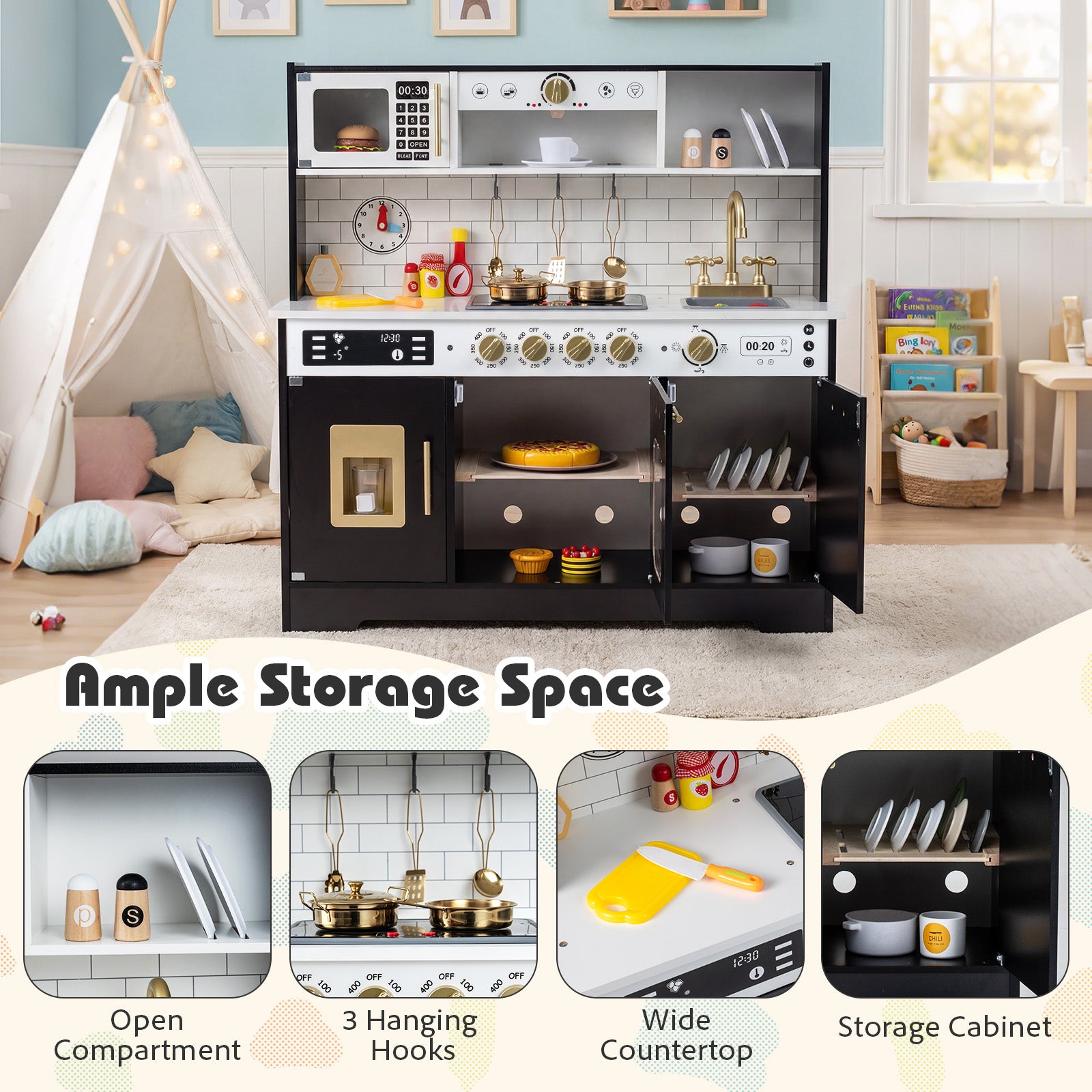 Wooden Play Kitchen With Lights, Sounds, Black Play Kitchen Sets at Gallery Canada