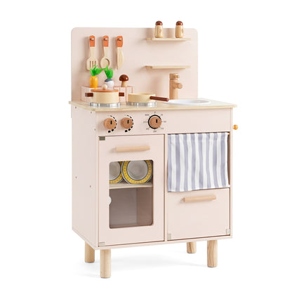 Cuisine de jeu en bois pour enfants avec cuisinière, robinet et évier, beige
