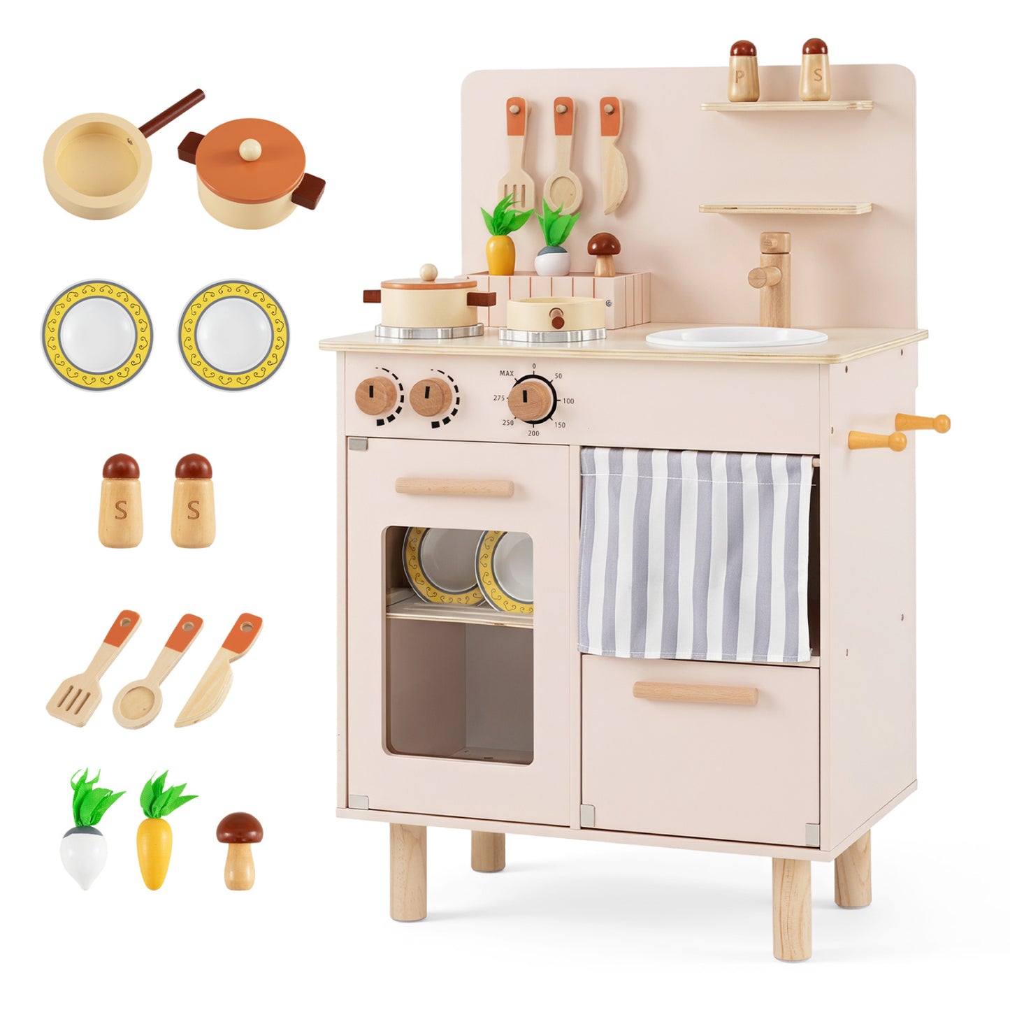 Cuisine de jeu en bois pour enfants avec cuisinière, robinet et évier, beige