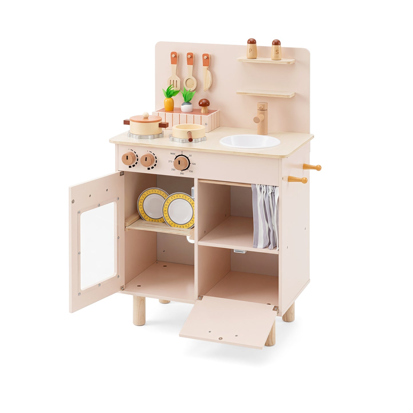 Cuisine de jeu en bois pour enfants avec cuisinière, robinet et évier, beige