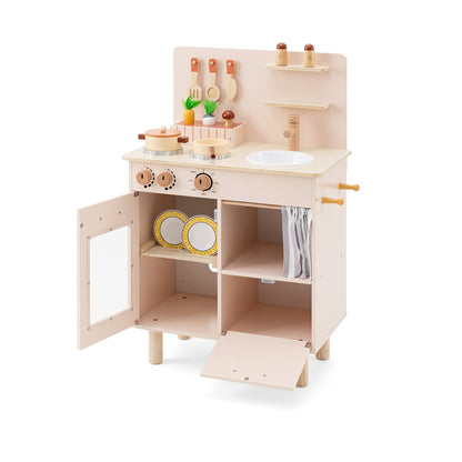 Cuisine de jeu en bois pour enfants avec cuisinière, robinet et évier, beige