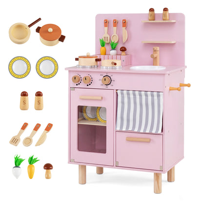 Wooden Play Kitchen for Kids with Stove, Sink, Pink