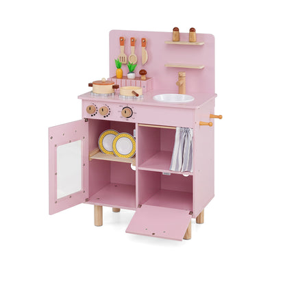 Wooden Play Kitchen for Kids with Stove, Sink, Pink