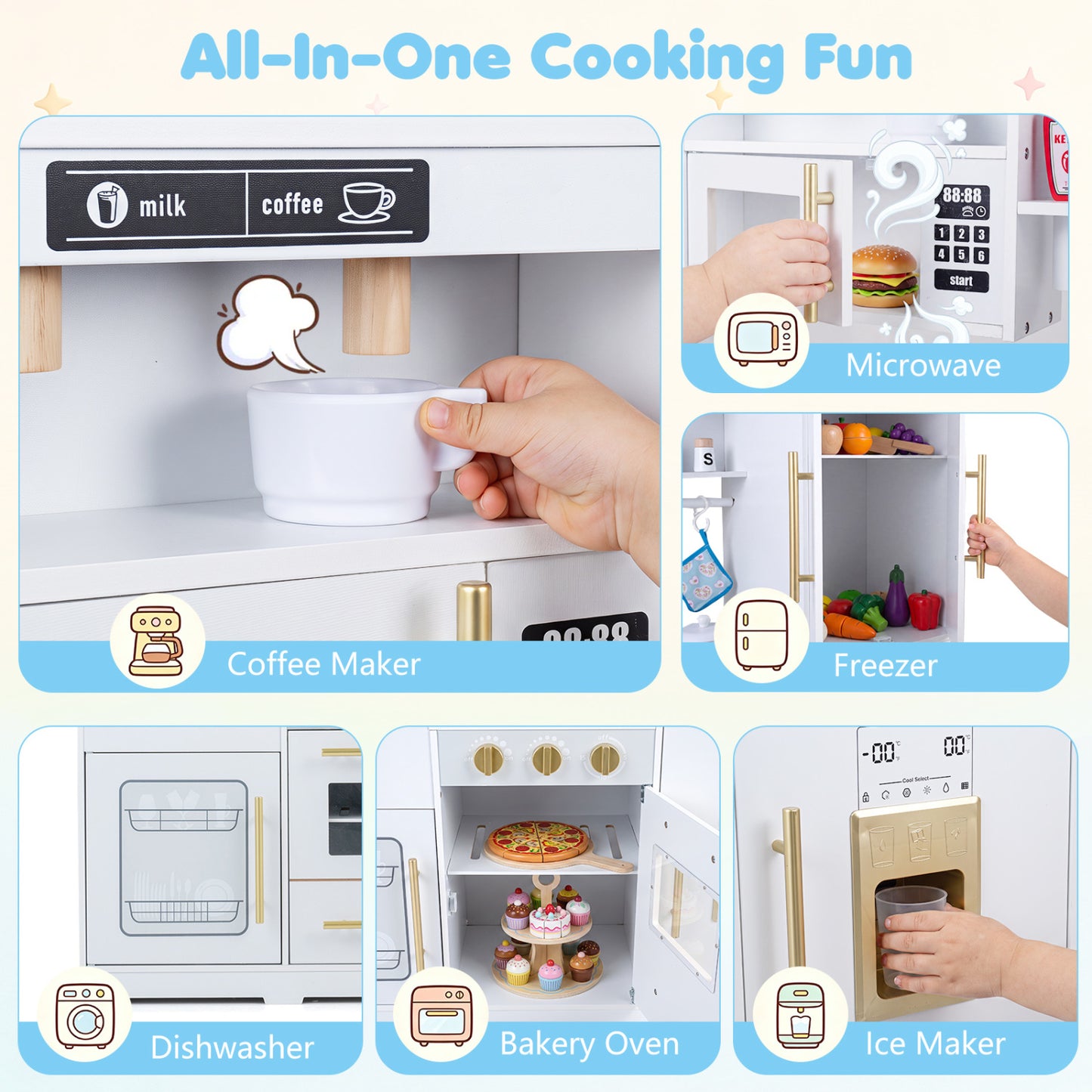 Cuisine en bois avec lumières et sons pour enfants, blanche