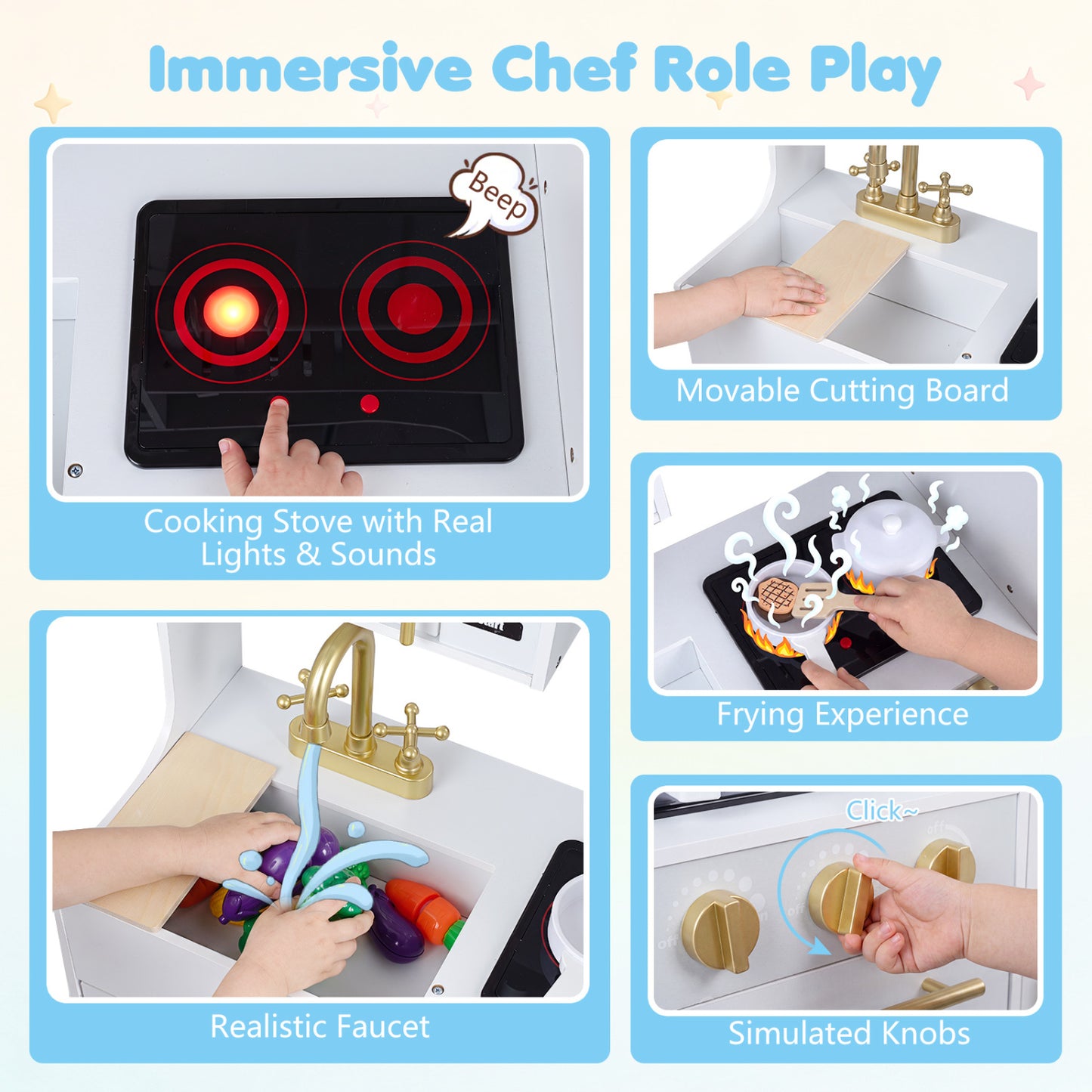 Cuisine en bois avec lumières et sons pour enfants, blanche