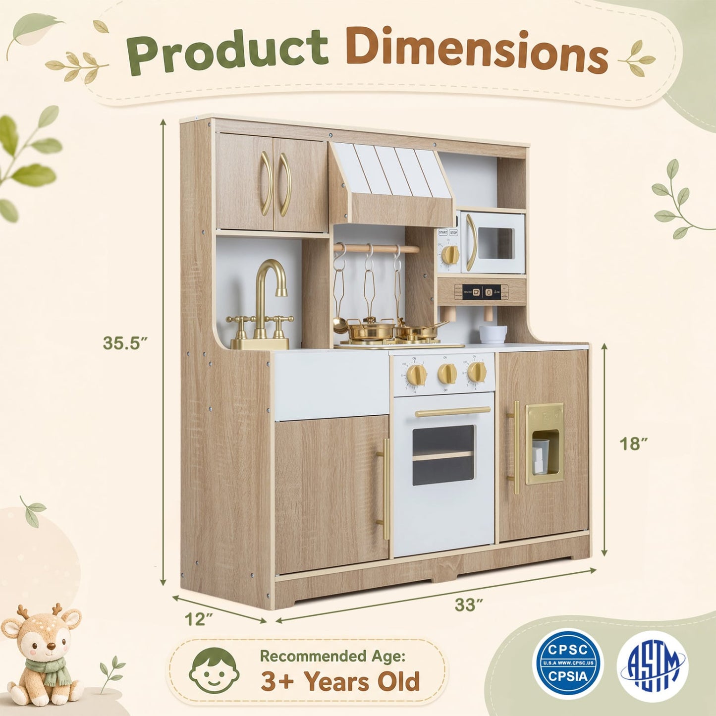 Cuisine de jeu en bois avec lumières, sons, machine à glaçons