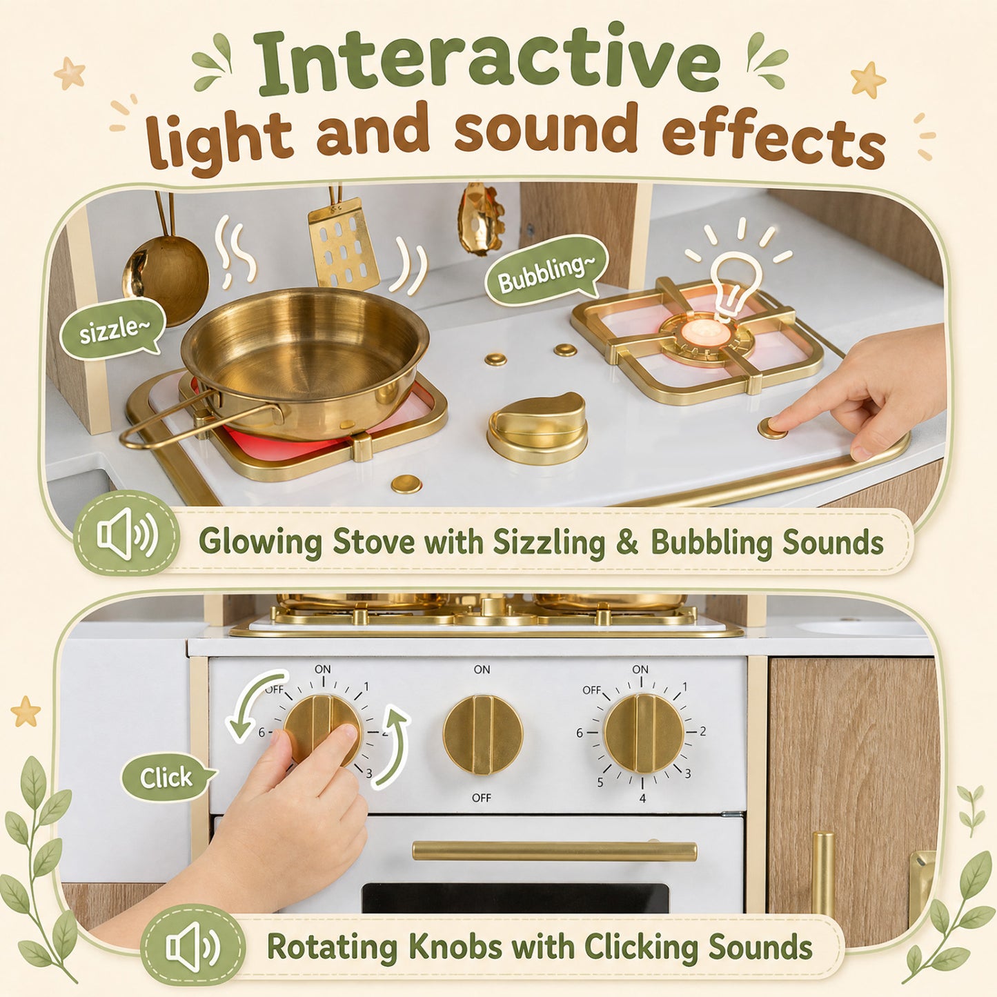 Cuisine de jeu en bois avec lumières, sons, machine à glaçons