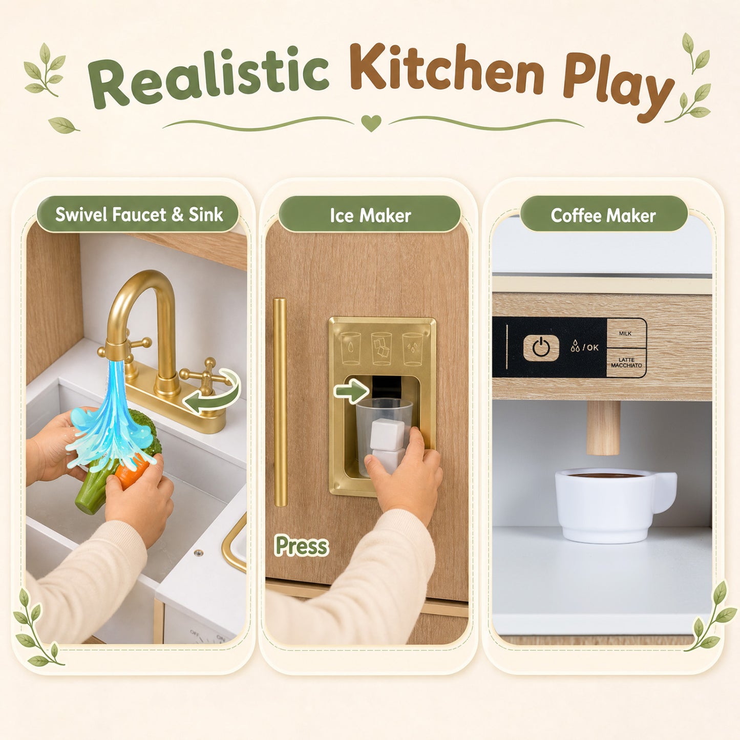 Cuisine de jeu en bois avec lumières, sons, machine à glaçons