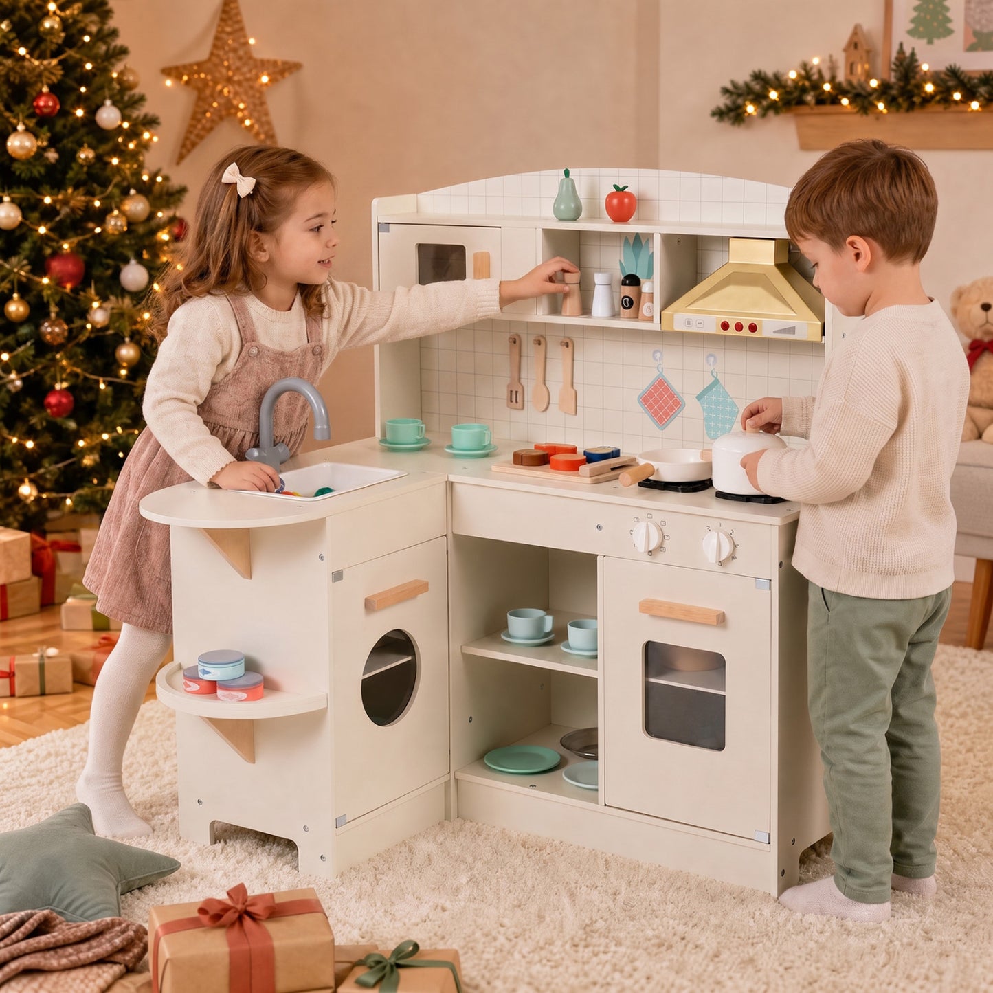 Wooden Play Kitchen with Lights, Sounds, Stove, Microwave, Sink, White