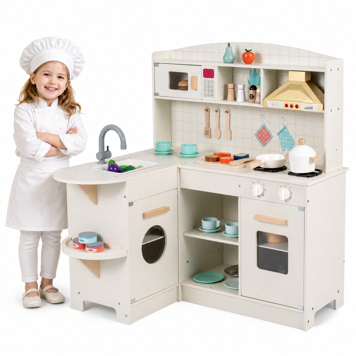 Wooden Play Kitchen with Lights, Sounds, Stove, Microwave, Sink, White