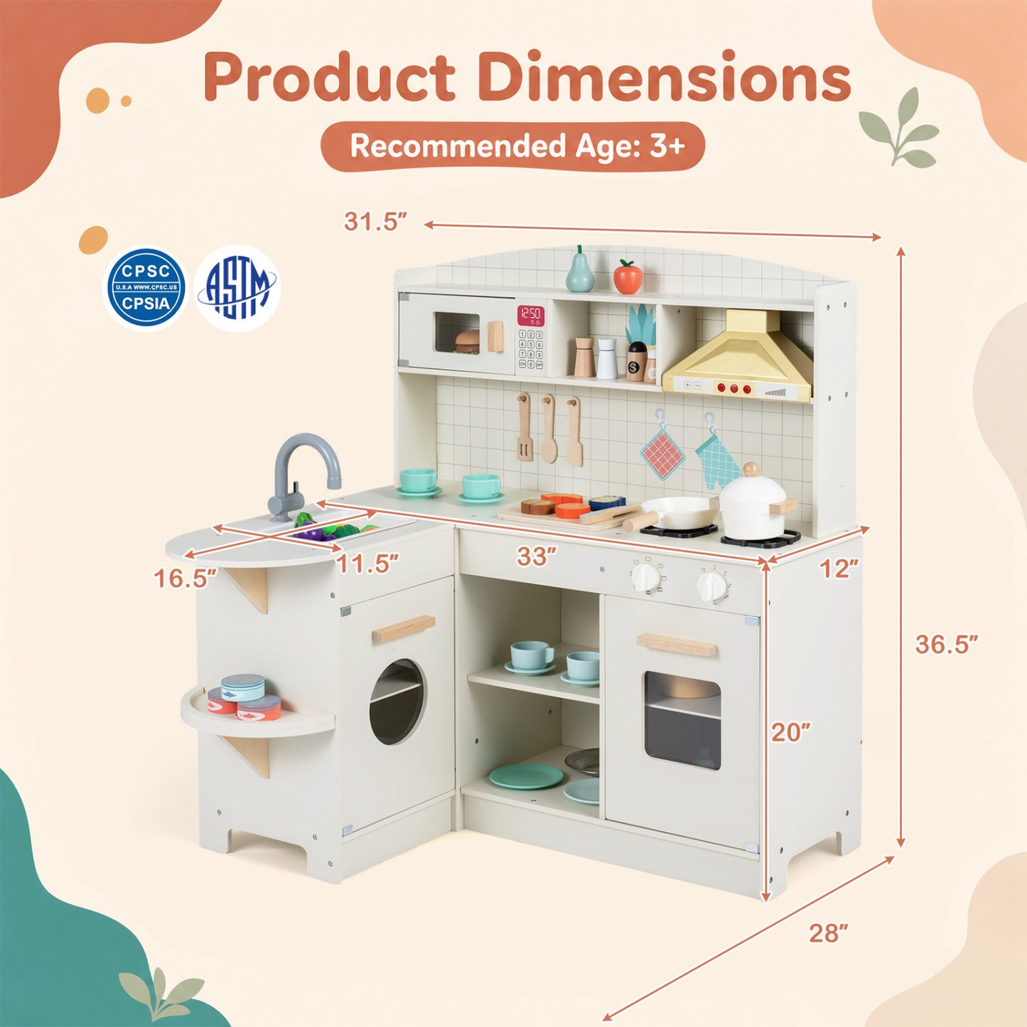 Wooden Play Kitchen with Lights, Sounds, Stove, Microwave, Sink, White