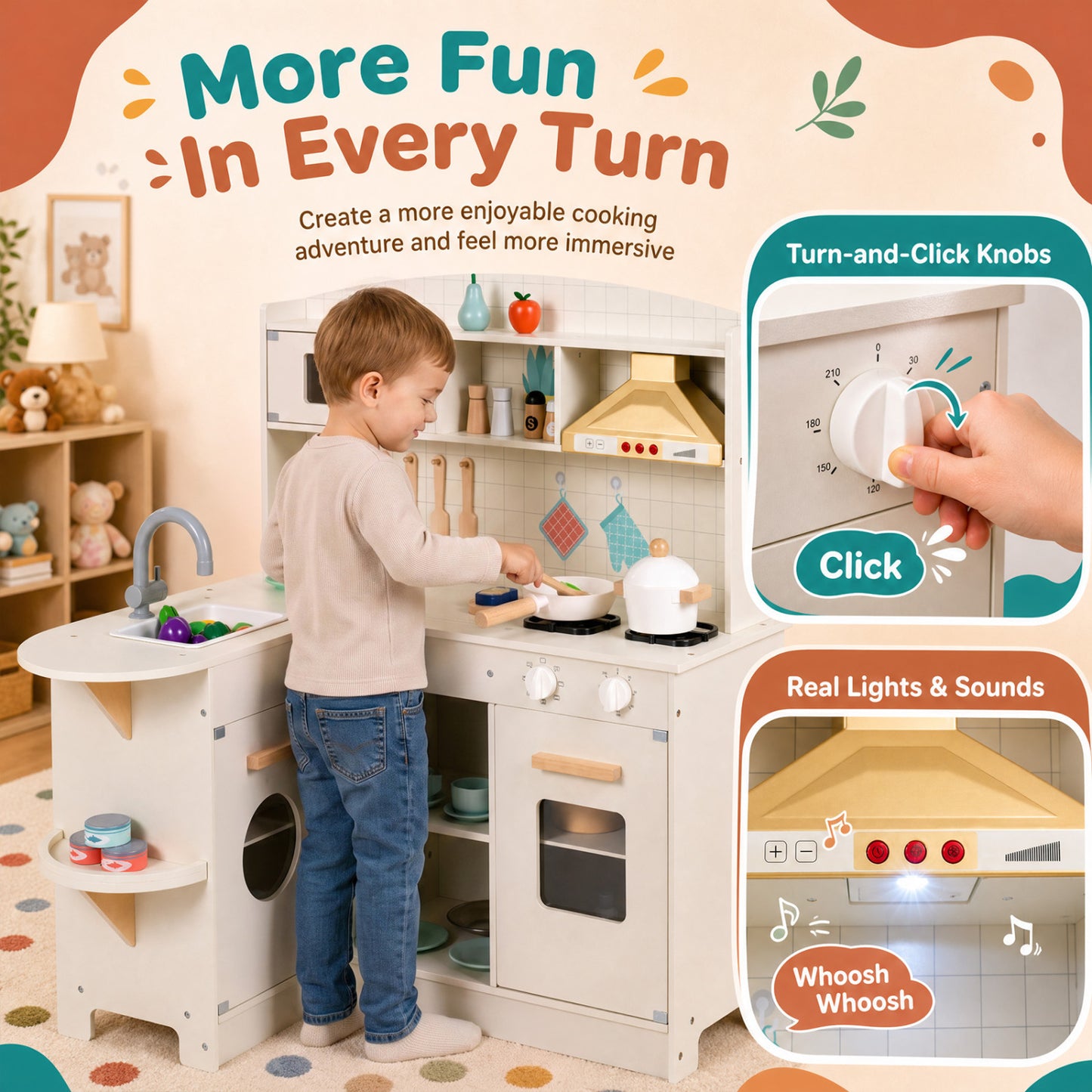 Wooden Play Kitchen with Lights, Sounds, Stove, Microwave, Sink, White