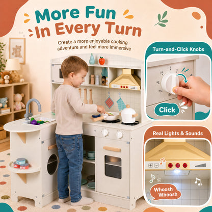 Wooden Play Kitchen with Lights, Sounds, Stove, Microwave, Sink, White