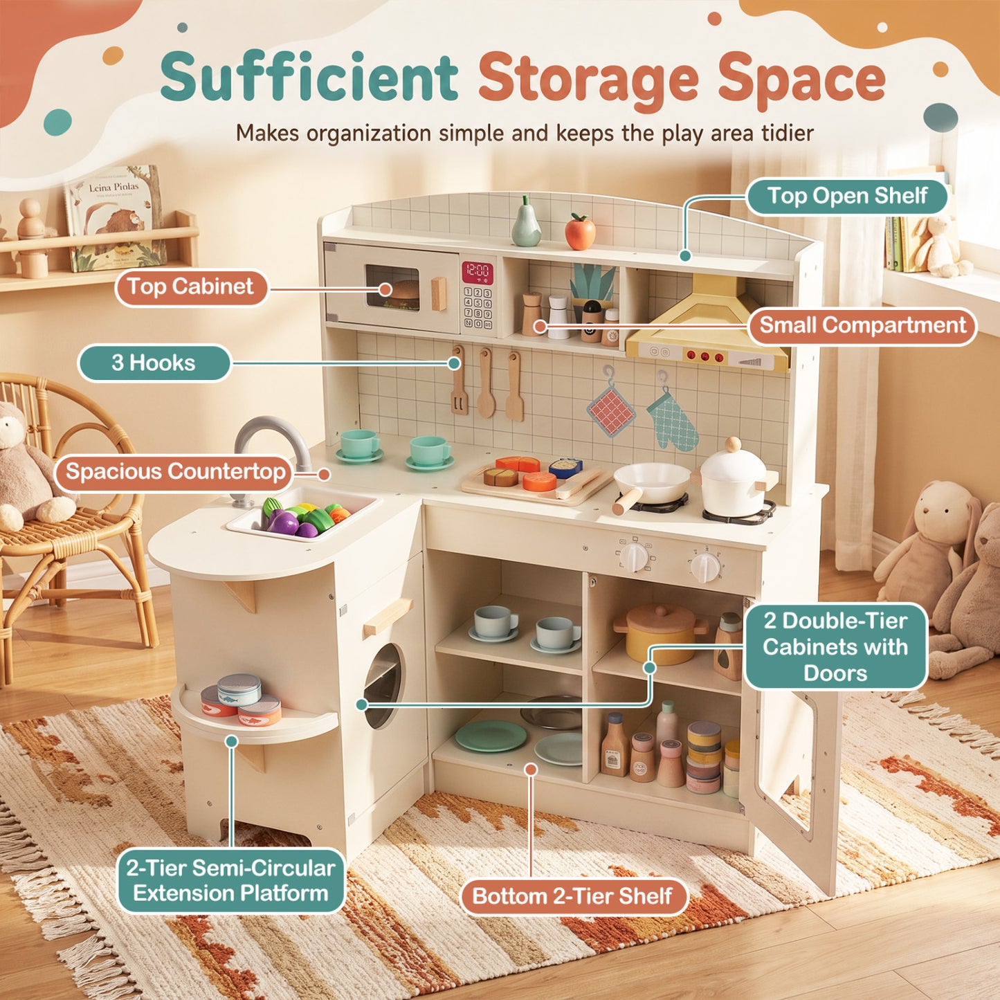 Wooden Play Kitchen with Lights, Sounds, Stove, Microwave, Sink, White