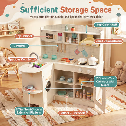 Wooden Play Kitchen with Lights, Sounds, Stove, Microwave, Sink, White