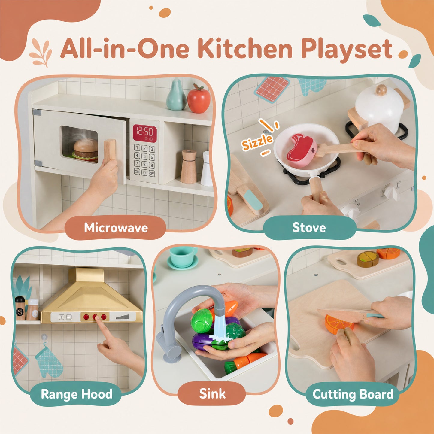 Wooden Play Kitchen with Lights, Sounds, Stove, Microwave, Sink, White