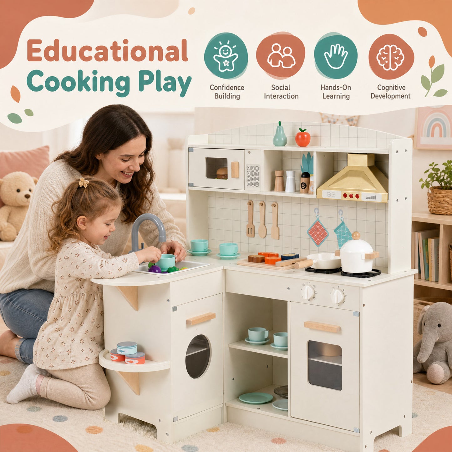 Wooden Play Kitchen with Lights, Sounds, Stove, Microwave, Sink, White