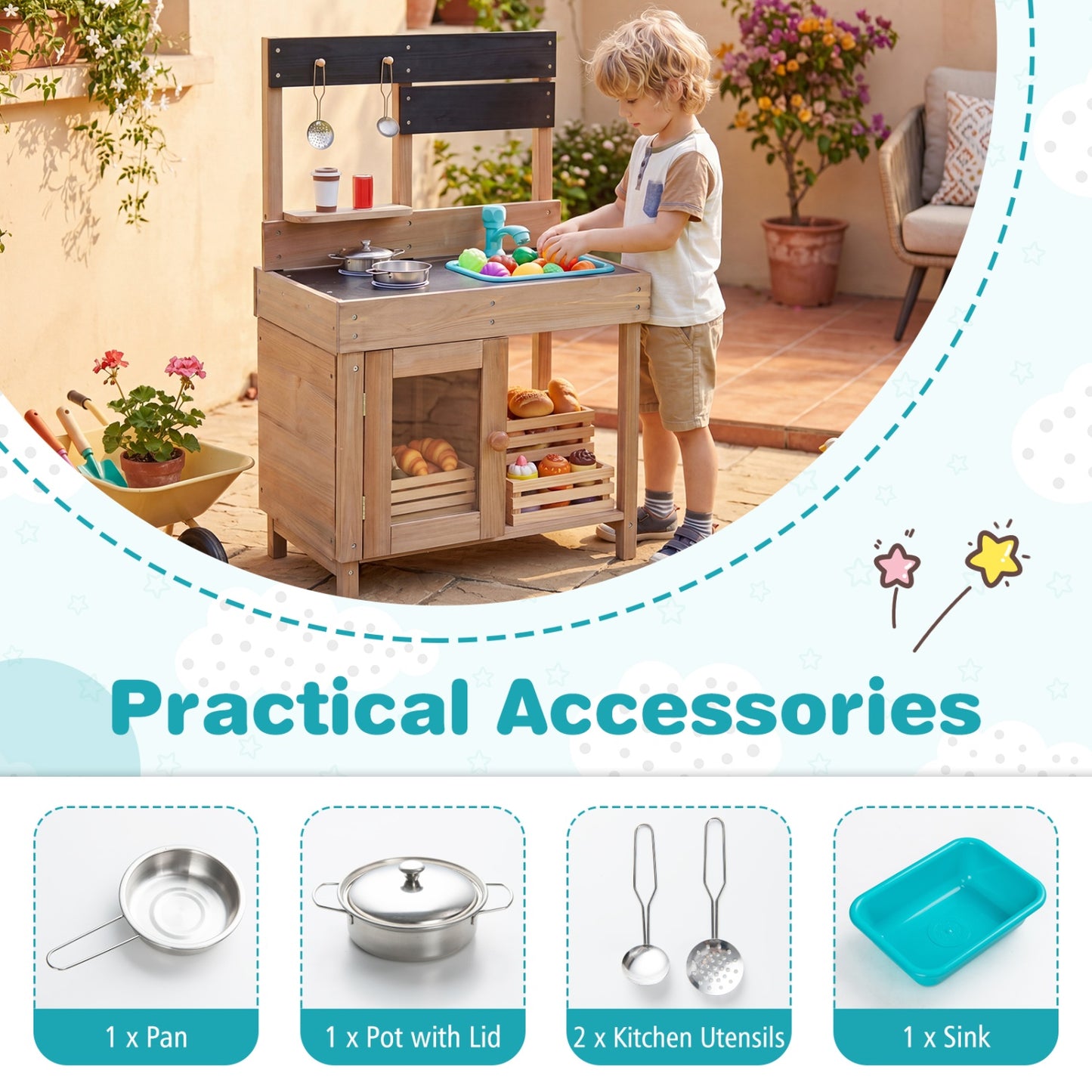 Wooden Play Pretend Kitchen with Stoves Storage Cabinet and Shelf Play Kitchen Sets at Gallery Canada