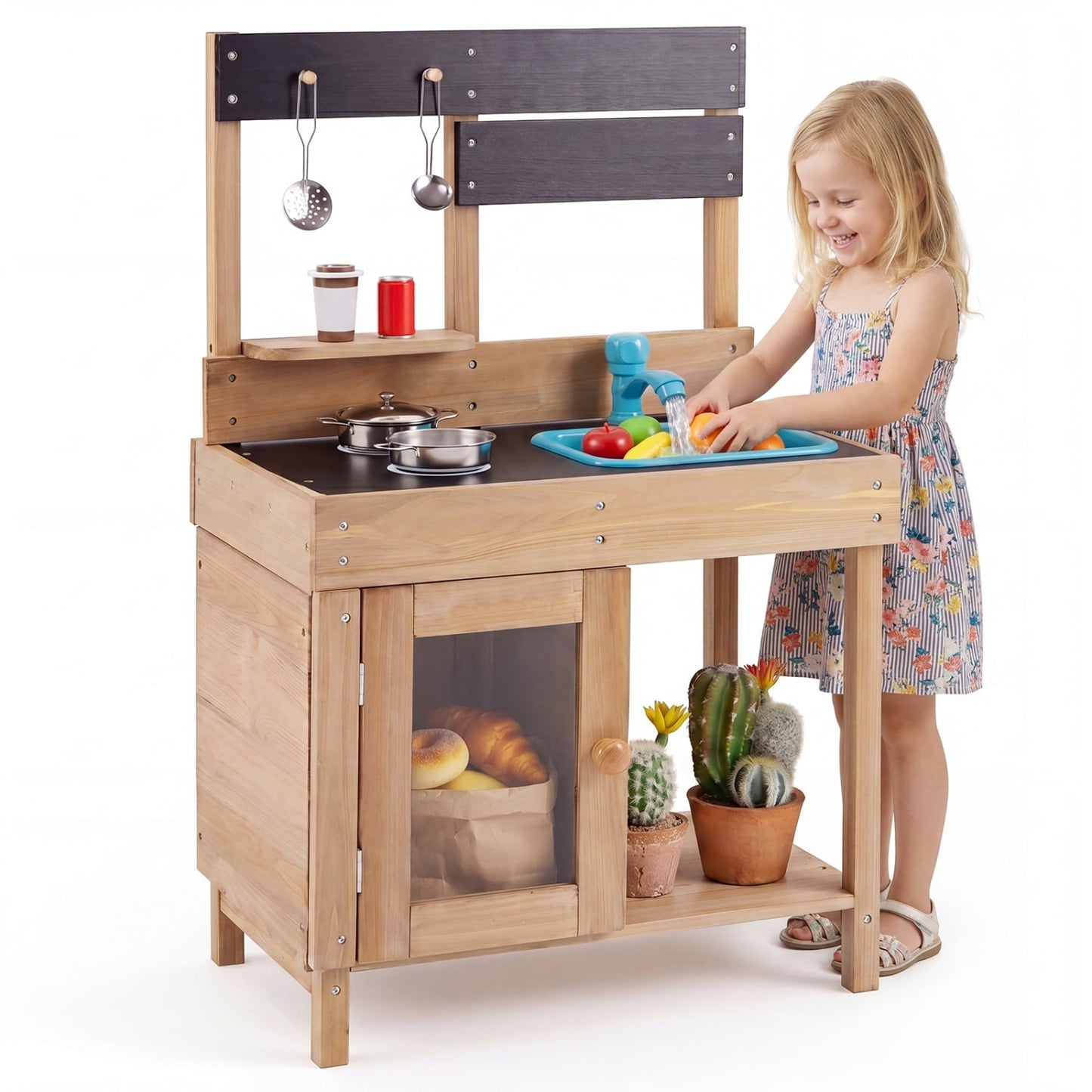 Wooden Play Pretend Kitchen with Stoves Storage Cabinet and Shelf Play Kitchen Sets Natural & Black at Gallery Canada