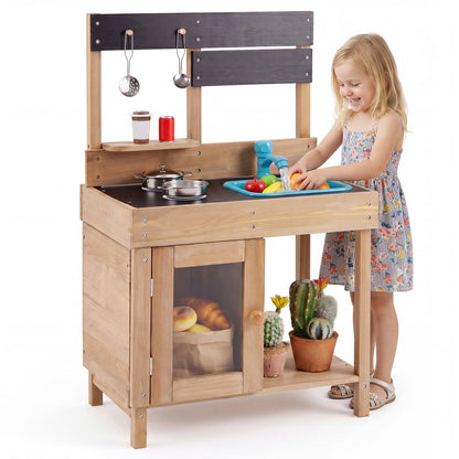 Wooden Play Pretend Kitchen with Stoves Storage Cabinet and Shelf Play Kitchen Sets Natural & Black at Gallery Canada