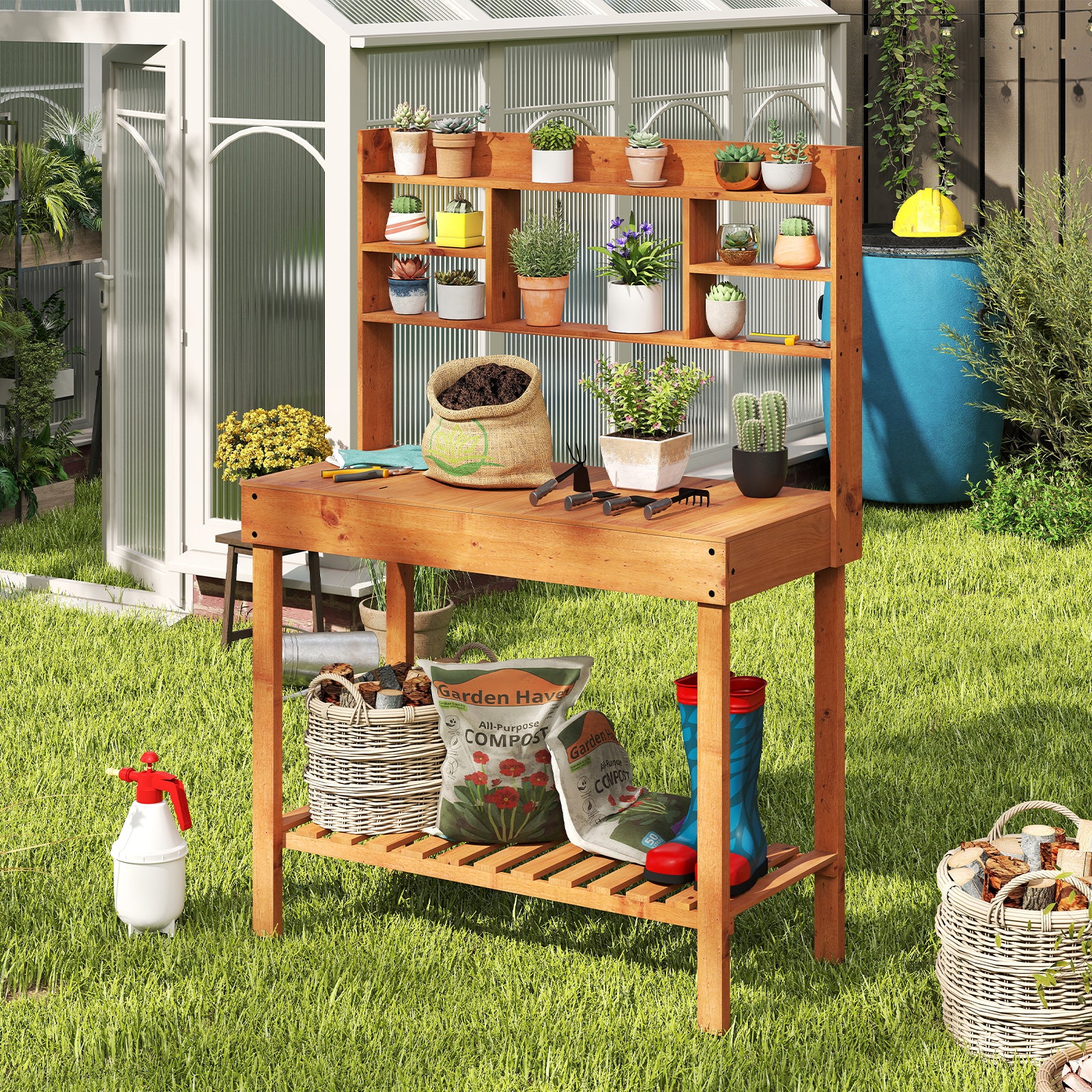 Wooden Potting Bench Table 61" Garden Planting Workstation with 3-Tier Open Shelf, Brown Potting Benches & Tables at Gallery Canada