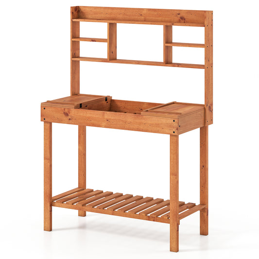 Wooden Potting Bench Table 61" Garden Planting Workstation with 3-Tier Open Shelf, Brown Potting Benches & Tables Brown at Gallery Canada
