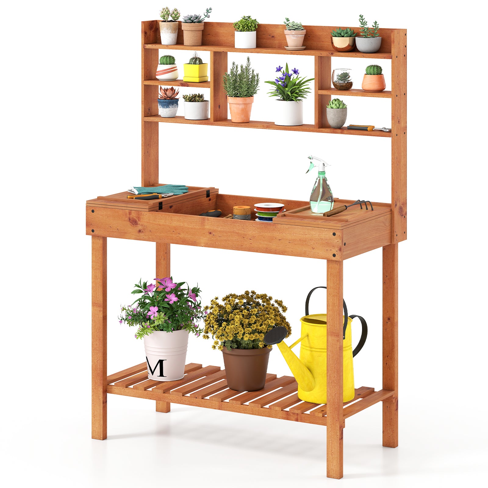 Wooden Potting Bench Table 61" Garden Planting Workstation with 3-Tier Open Shelf, Brown Potting Benches & Tables at Gallery Canada