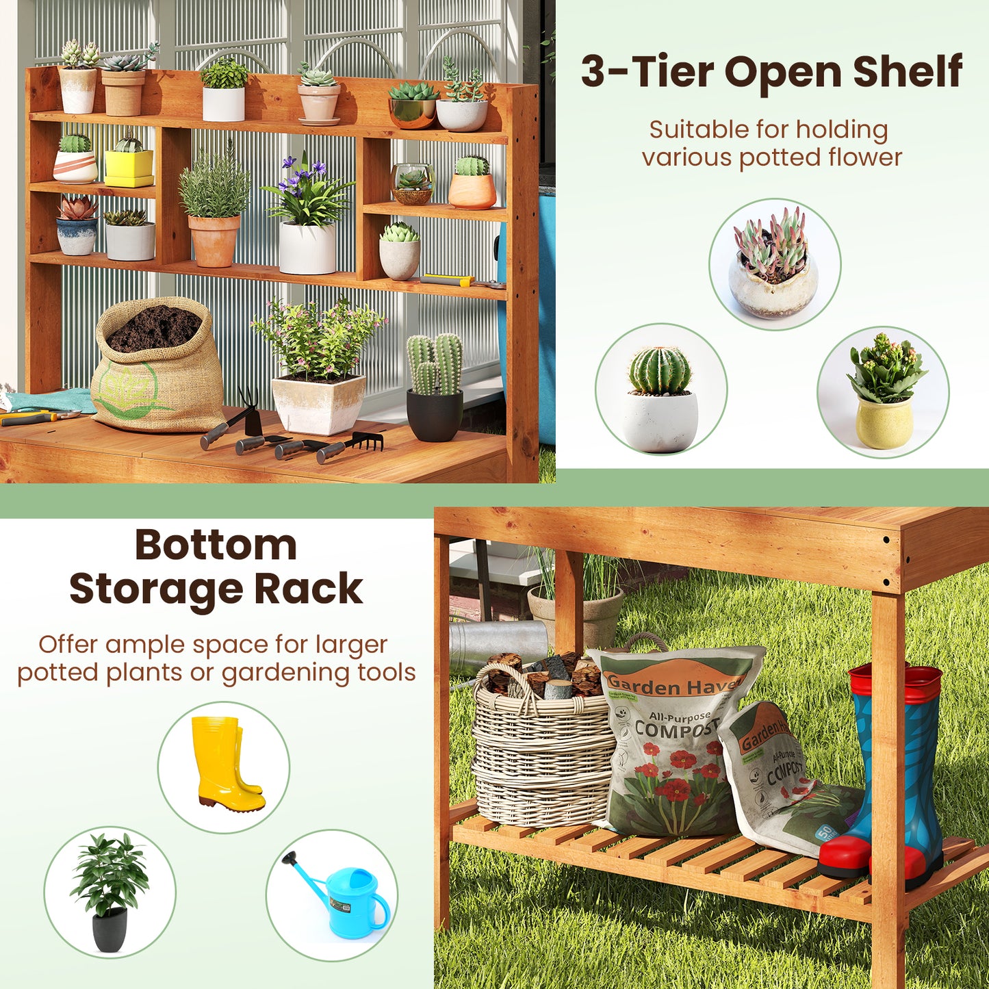 Wooden Potting Bench Table 61" Garden Planting Workstation with 3-Tier Open Shelf, Brown Potting Benches & Tables at Gallery Canada