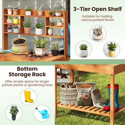 Wooden Potting Bench Table 61" Garden Planting Workstation with 3-Tier Open Shelf, Brown Potting Benches & Tables at Gallery Canada