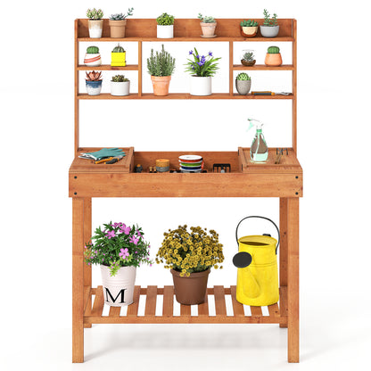 Wooden Potting Bench Table, 61" Garden Workstation, 3-Tier Shelf, Brown Potting Benches & Tables at Gallery Canada