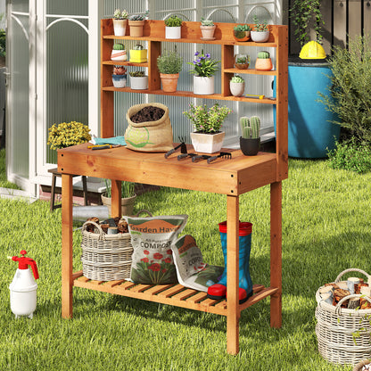 Wooden Potting Bench Table, 61" Garden Workstation, 3-Tier Shelf, Brown Potting Benches & Tables at Gallery Canada