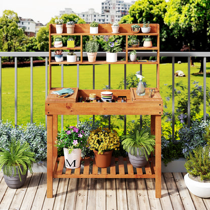 Wooden Potting Bench Table, 61" Garden Workstation, 3-Tier Shelf, Brown Potting Benches & Tables at Gallery Canada